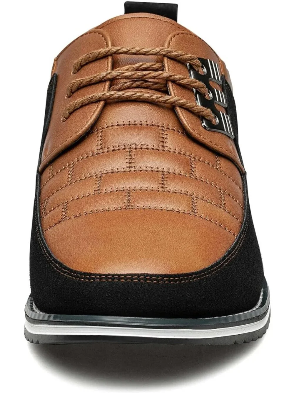 Men's Coffee Plaid Embossed Grid Leather Comfortable Hybrid Oxford Dress Sneaker